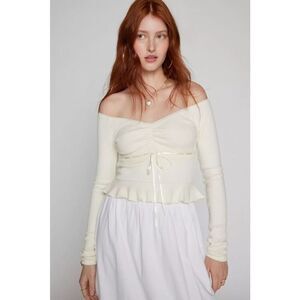 Off-Shoulder Cream Ribbed Peplum Long-Sleeve Top